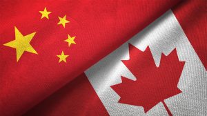 Canada and China flag together realtions textile cloth fabric texture